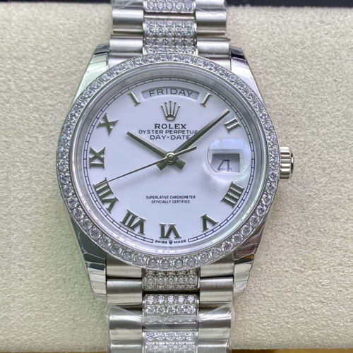 Rolex Day Date M128349RBR-0026 EW Factory White Dial Diamond-Set Bezel JF Replica Watches - JF Replica