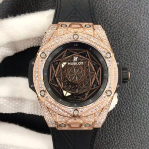 Hublot Big Bang WWF Factory Gold Full Diamond Black Strap JF Replica Watches - JF Replica
